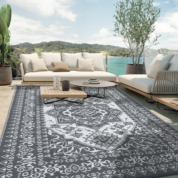 Haperlare 9x18ft Boho Outdoor Rugs Waterproof Reversible Plastic Straw Rug, Large Vintage Medallion RV Camping Carpet for Deck, Picnic, Beach, Pool, Garden, Gray and White