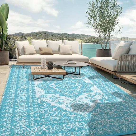 Haperlare 9x18ft Boho Outdoor Rugs Waterproof Reversible Plastic Straw Rug, Large Vintage Medallion RV Camping Carpet  for Deck, Picnic, Beach, Pool, Garden, Light Blue and White