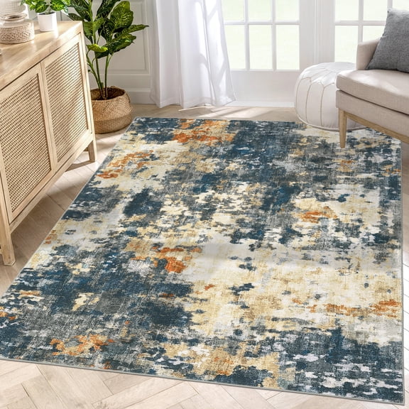 Haperlare Abstract Area Rugs for Living Room Contemporary Ultra-Thin Stain-Resistant Rugs for Kitchen Dining Room,5'x7',Blue and Orange