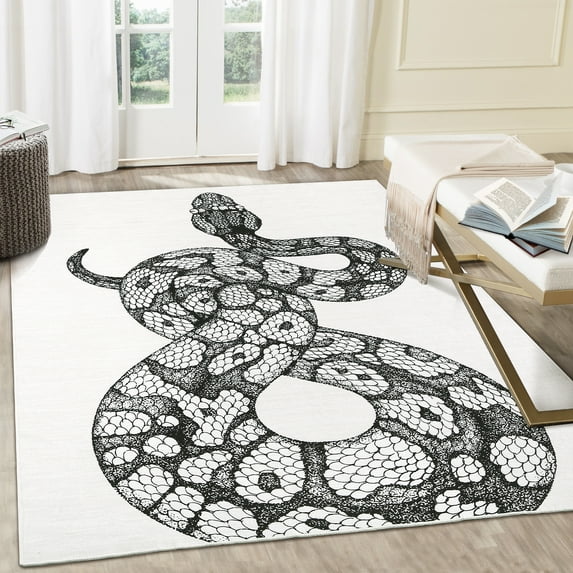 Haperlare Abstract Machine Washable Area Rugs for Living Room Modern Ultra-Thin Soft Black and White Snake Rugs for Bedroom 8'x10' Throw Carpet