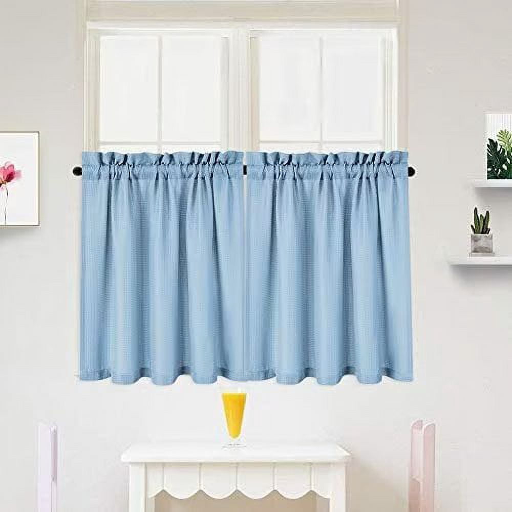 Haperlare Airy Blue Kitchen Curtains 30 inch Length Farmhouse Waffle ...