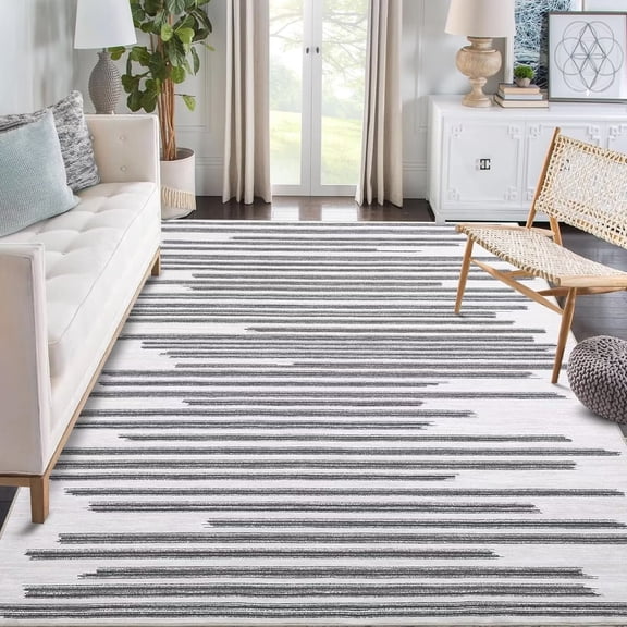 Haperlare Area Rug Bohemian Rug Modern Berber Stripe Area Rug Non Slip Non Shedding Carpet Low Pile Throw Rug for Bedroom Living Room, 8' x 10' Beige Gray