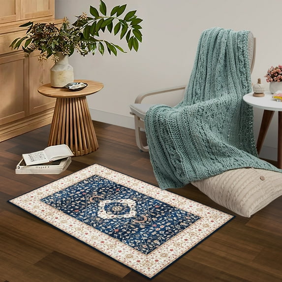 Haperlare Area Rug Boho Distressed Area Rug Vintage Floral Rug Throw Carpet Non-Slip Washable Rug, 2' x 3' Navy Blue