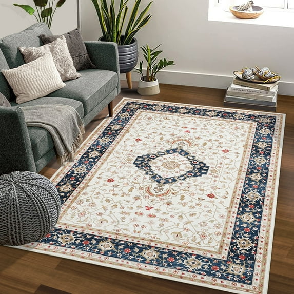 Haperlare Area Rug Boho Distressed Area Rug Vintage Floral Rug Throw Carpet Non-Slip Washable Rug, 8' x 10' Beige