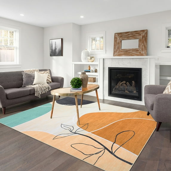 Haperlare Area Rug Boho Washable Rug Contemporary Floor Carpet Botanical Print Accent Rug Minimalist Area Rug Modern Abstract Rug, 9' x 12' Orange