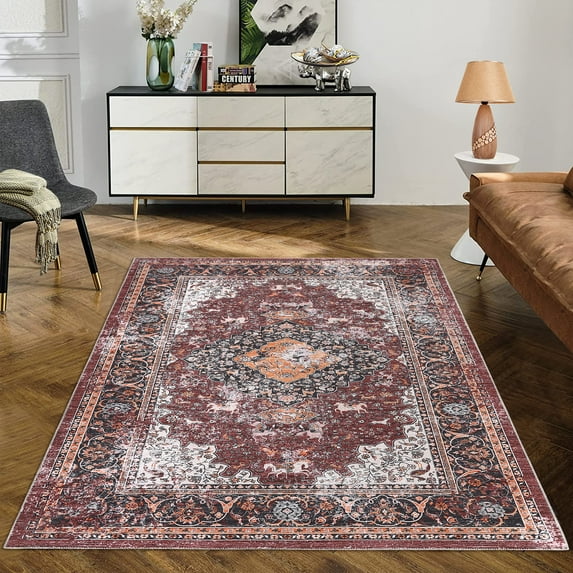 Haperlare Area Rug for Living Room Washable Rug Vintage Rug Boho Distressed Area Rug Oriental Rug Large Floor Carpet for Bedroom Home Office, 9' x 12' Red