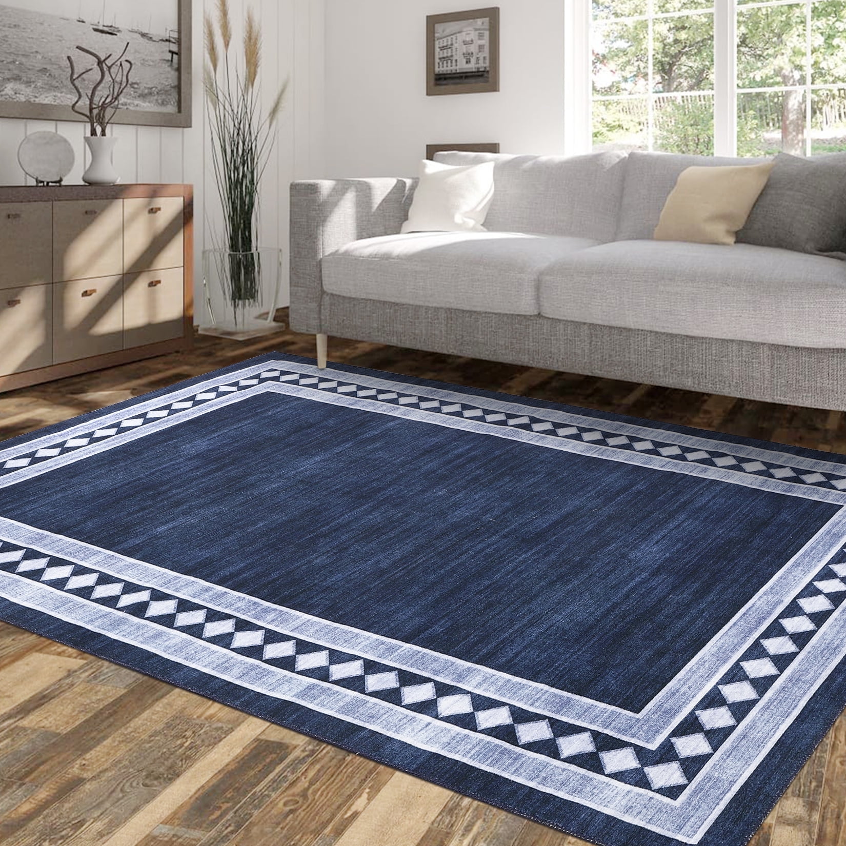 Blue and White Geometric Border 4' x 6' Washable Area Rug