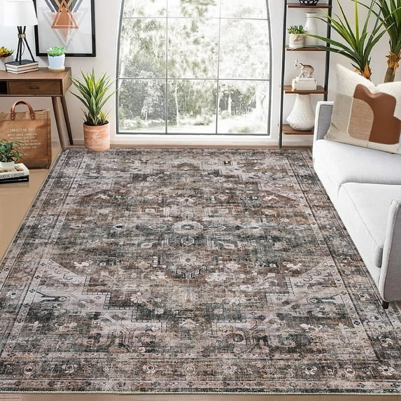 Haperlare Area Rug Vintage Distressed Machine Washable Area Rug for Living Room Bedroom Traditional Medallion Floral Non Slip Stain Resistant Accent Rug, 9' x 12' Brown
