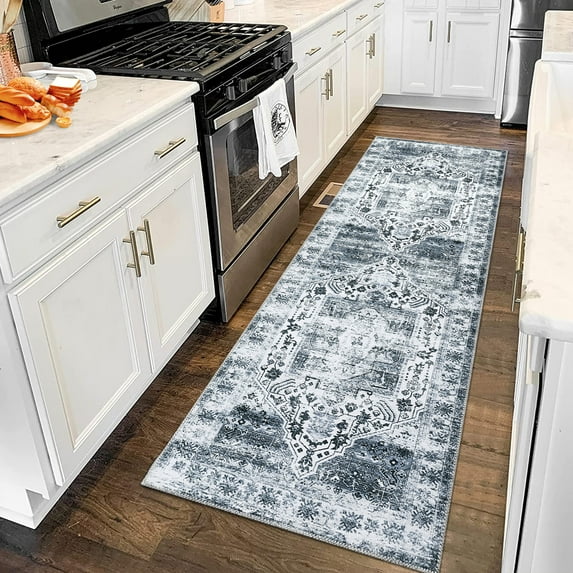Haperlare Area Rug Vintage Medallion Rug Oriental Distressed Floor Carpet Non Slip Washable Rug, 2' x 8' Gray