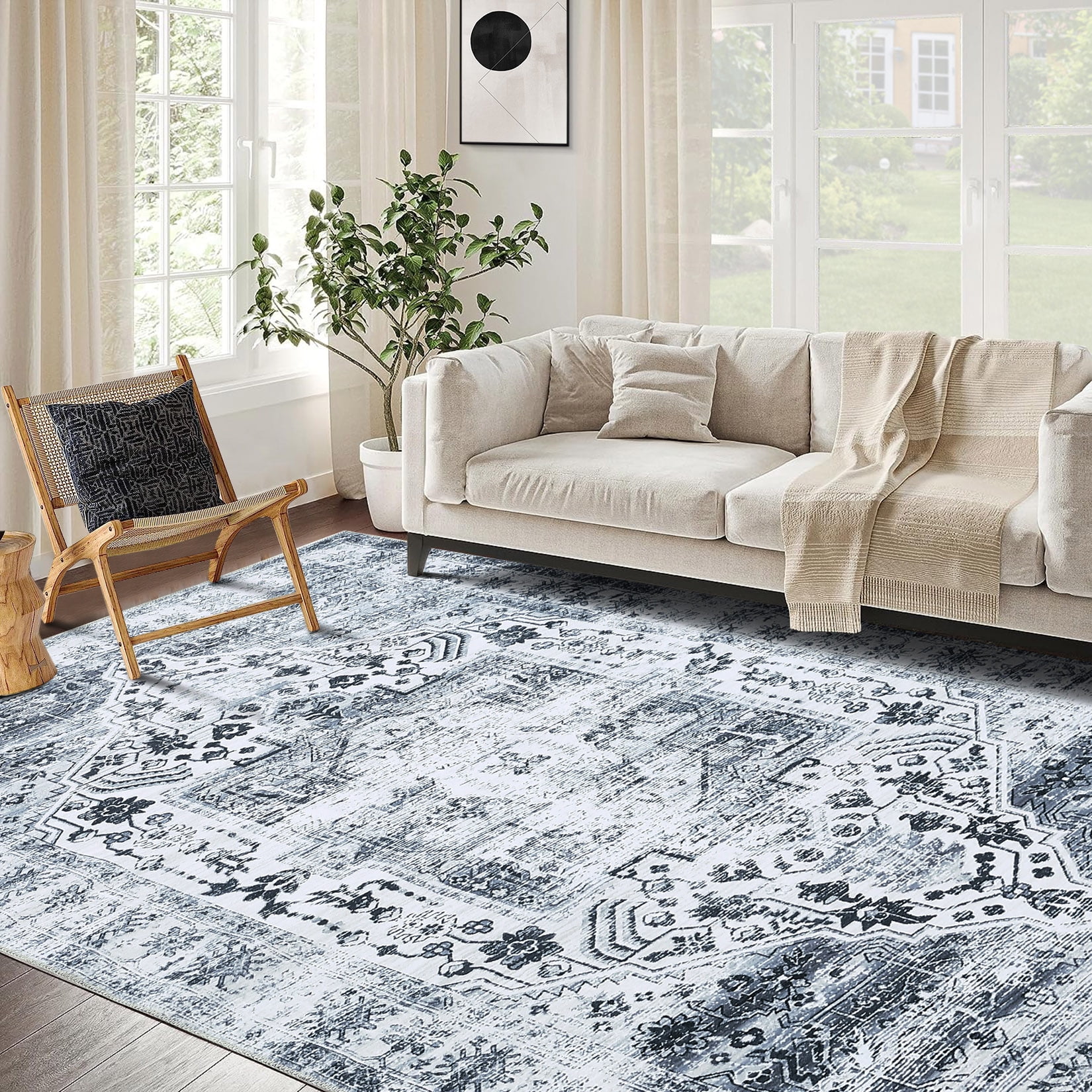 Gray 9' x 12' Washable Synthetic Medallion Area Rug