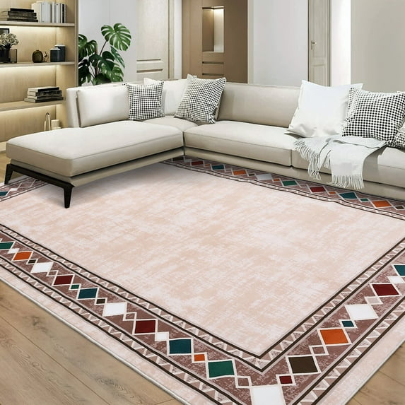 Haperlare Area Rug Washable Rugs Modern Rug Accent Geometric Border Rug Non-Slip Throw Area Rugs for Bedroom Living Room, 9' x 12' Beige