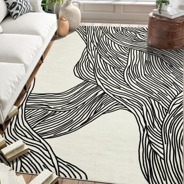 Haperlare Area Rugs 8' x 10' Area Rug for Living Room Abstract Line Washable Bedroom Non-Slip Carpet for Home Decor, Black/Beige