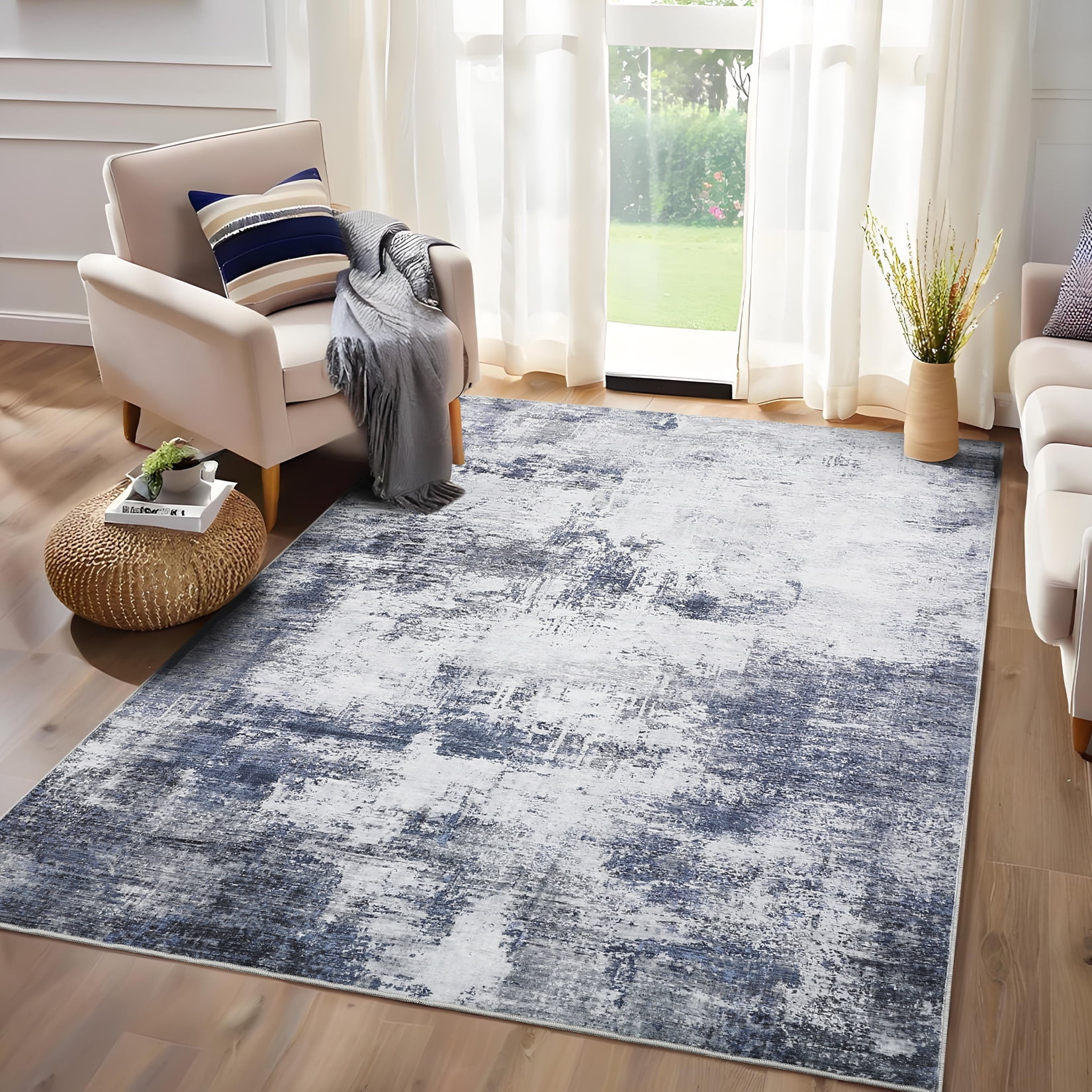 Blue and Gray Abstract 5' x 7' Synthetic Area Rug