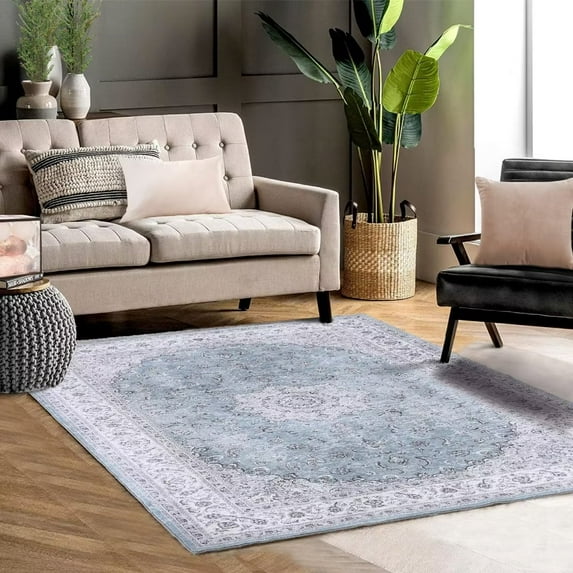 Haperlare Area Rugs Stain Washable Area Rug Non-Shedding Low-Pile Distressed Rug for Living Room Bedroom Home Office, 3 x 5 Pale Blue