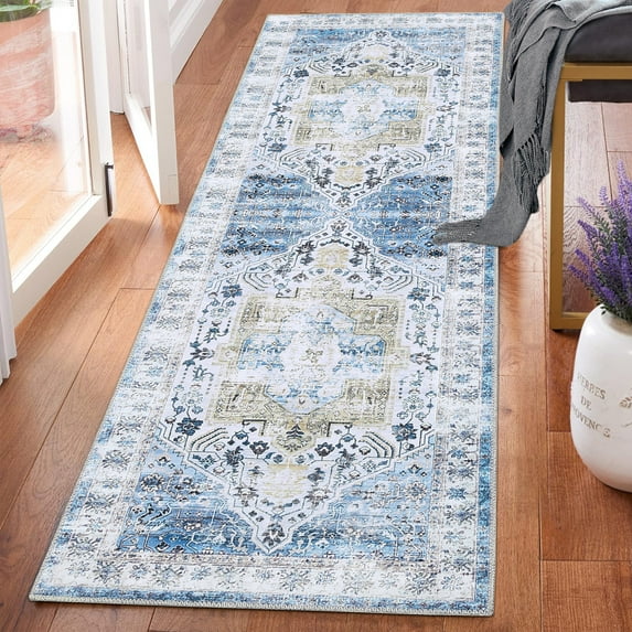 Haperlare Area Rugs Vintage Light Blue Print Rug Indoor Floor Cover Distressed Carpet Thin Rug Foldable Chenille Rug, 4' x 6' Blue
