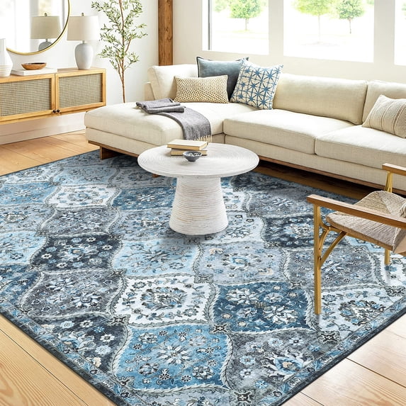 Haperlare Area Rugs Washable Rug Boho Moroccan Rug Vintage Non-Slip Rugs Soft Floral Throw Rug, 8' x 10' Gray Blue