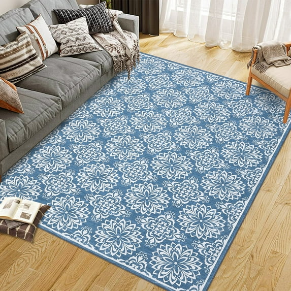 Haperlare Area Rugs Washable Rugs Floral Boho Rug Vintage Rugs Modern Rugs Soft Carpet Low Pile Non Slip Rugs for Living Room Bedroom, 6' x 9' Blue