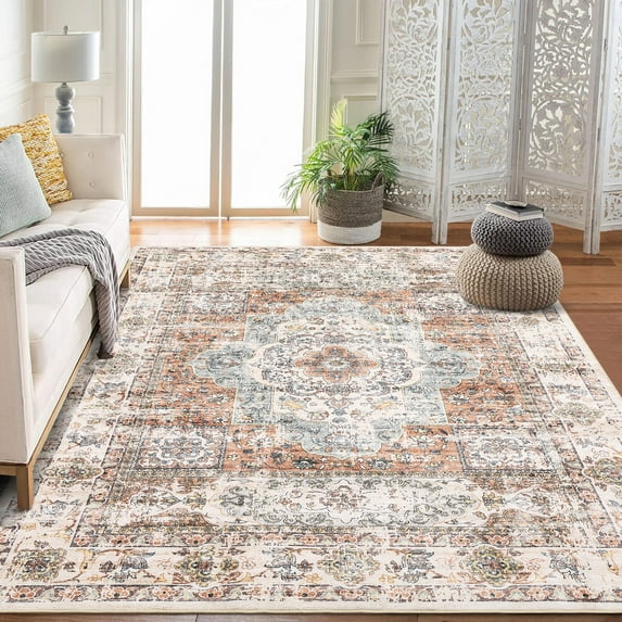 Haperlare Bathroom Rugs Vintage Distressed Machine Washable Soft Area Rugs for Home Office Family Room Orange Carpet,9'x12'