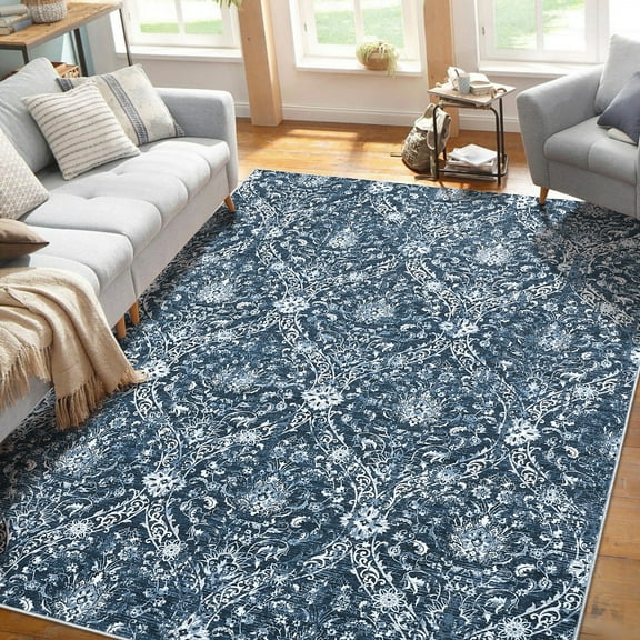 Haperlare Bedroom Rugs Washable Area Rugs for Living Room Navy Blue Low Pile Rug Non Slip Indoor Floor Cover 8'x10'