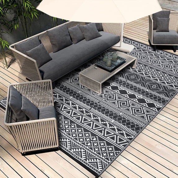 Haperlare Black White Boho Outdoor Area Rug 9x12 ft Waterproof Reversible Plastic Mat for Camping RV Picnic