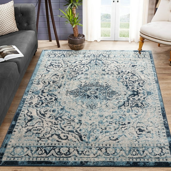 Haperlare Blue Area Rug for Living Room 7' 10" x 10' 2" Floral Rug Distressed Indoor Floor Carpet