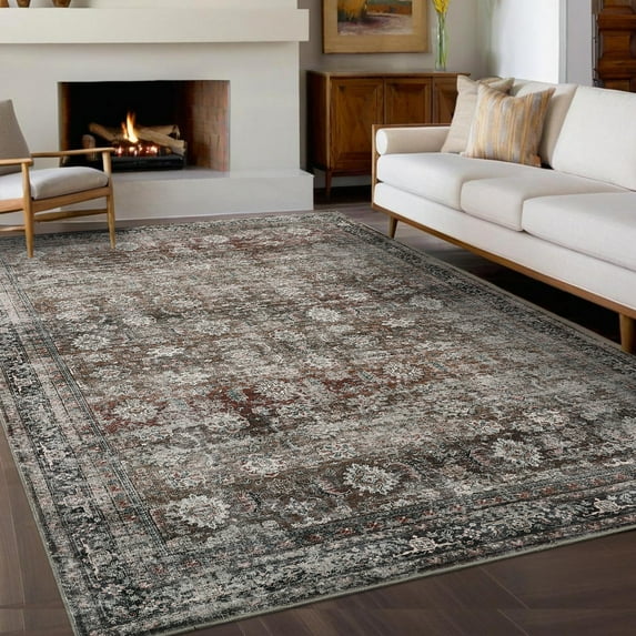 Haperlare Bohemian Bordered Area Rugs Machine Washable Soft Rugs for Bathroom Family Room 5'x7' Red Floral Vintage Area Rug