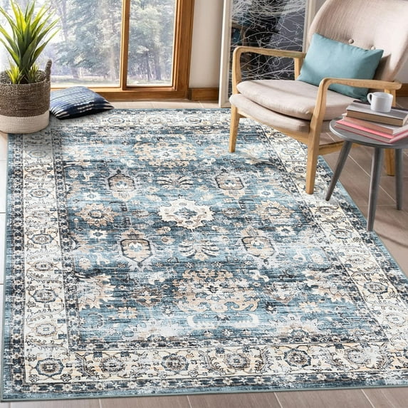 Haperlare Bohemian Washable Living Room Rugs Vintage Non Shedding Area Rugs Floral Soft Ultra-Thin Rugs for Family Room Blue Indoor Floor Carpet,9'x12'