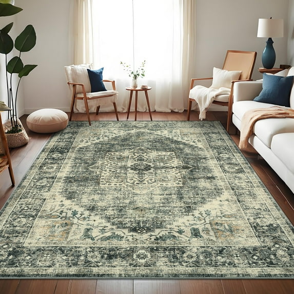 Haperlare Boho Area Rugs for Bathroom Washable Ultra-Thin Rugs for Bedroom Non Slip Soft Green Kitchen Carpet 5'x7'