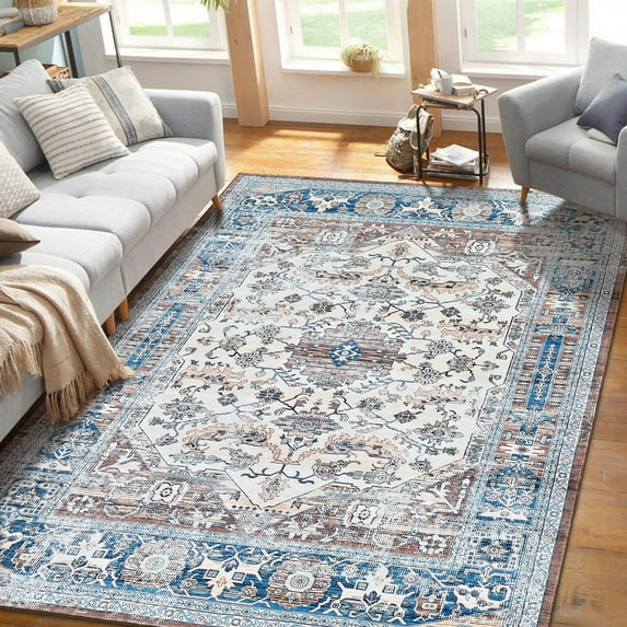 Haperlare Boho Washable Area Rug 8 x 10 Large Rug Vintage Carpet Floral Area Rug Non-Slip Rug Stain Resistant Boho Floral Carpet, Blue Beige
