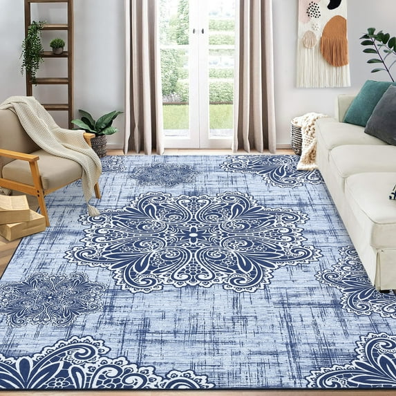 Haperlare Boho Washable Rugs Vintage Area Rugs Floral Medallion Non-Slip Rug Washable Accent Throw Rugs, 5' x 7' Blue