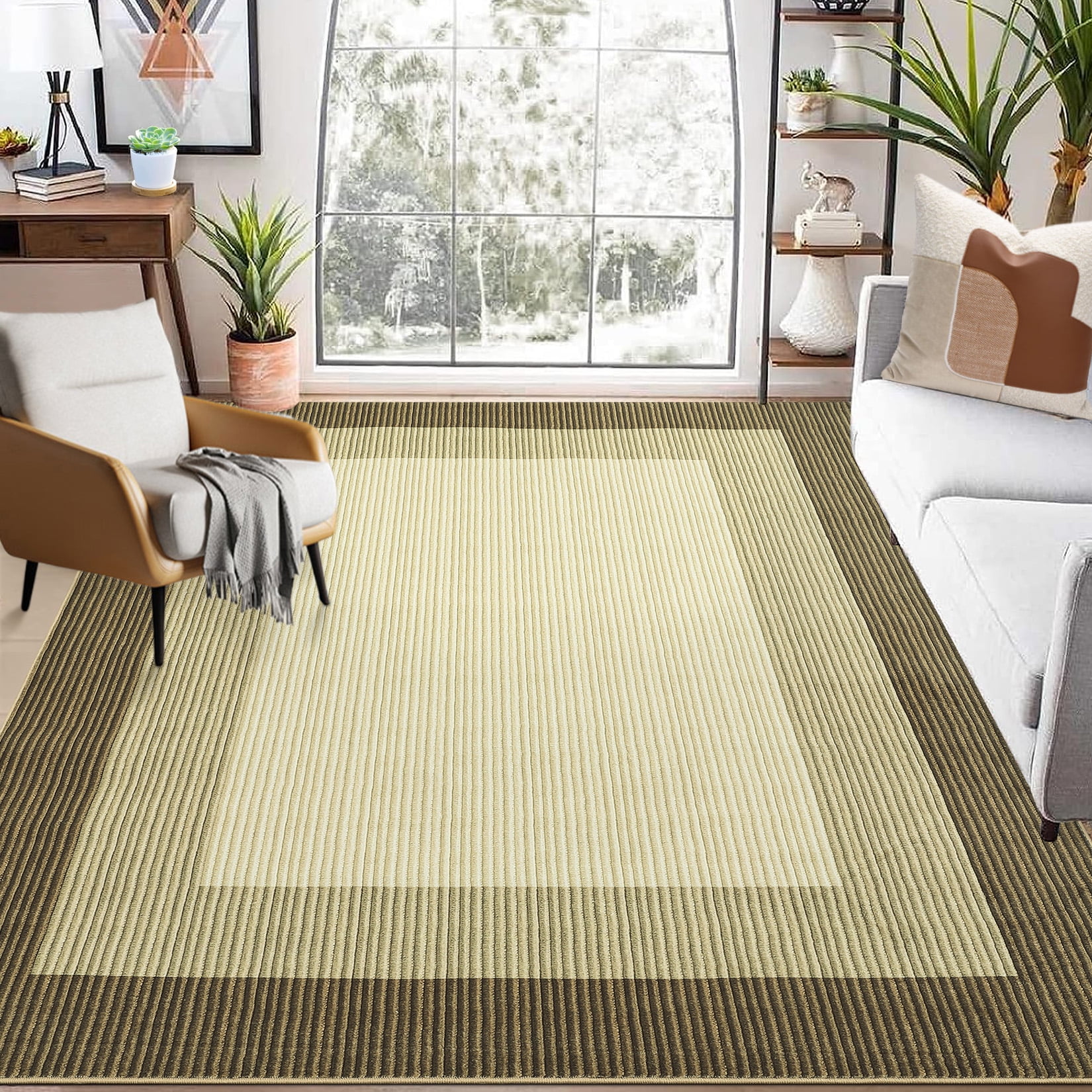 Haperlare Bordered Strip Print Area Rugs Washable Low Pile Rugs for Family Room Nursery Modern Brown Indoor Floor Carpet,10'x13'
