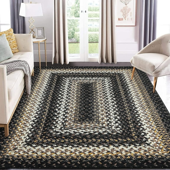 Haperlare Braided Print Boho Rug Living Room Area Rug Modern Geometric Area Rug Washable Rug Farmhouse Floor Carpet, 5' x 7' Black