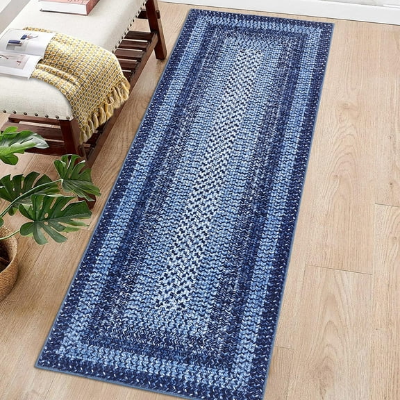Haperlare Braided Print Runner Rugs for Hallway Navy Blue Machine Washable Soft Runner Rug for Entryway Laundry Mat,2'x6'
