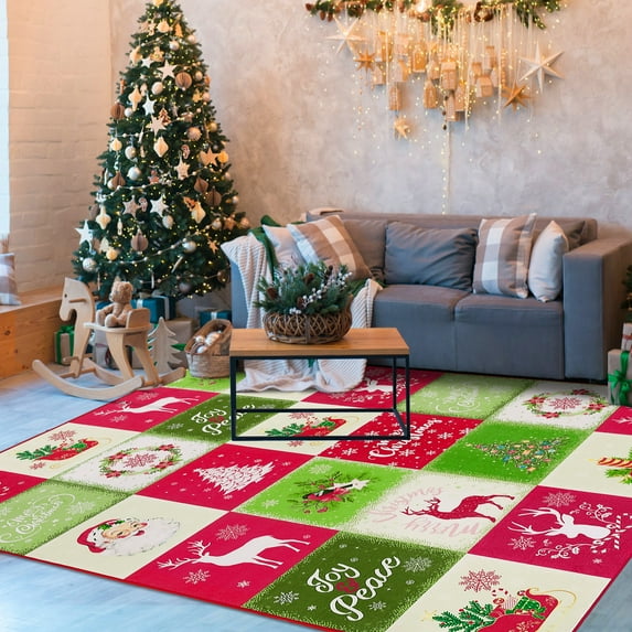 Haperlare Christmas Area Rug 4 x 6 FT Merry Christmas Bedroom Rug for Xmas Holiday Decoration Non-Slip Festive Colorful Washable Rug