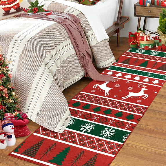 Haperlare Christmas Area Rugs 2x8 Hallway Rug, Washable Rug Xmas Decorative Boho Accent Rugs Non-Slip Indoor Carpet for Living Room Bedroom Holiday Decor, Red