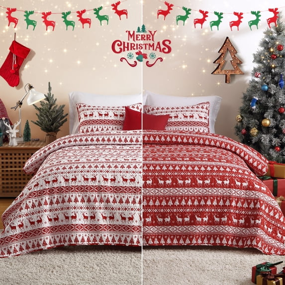 Haperlare Christmas Quilt Set Queen Size Boho Bedspread Coverlet Sets with Christmas Tree Reindeer Snowflakes Reversible Pattern for All Season, Red/White