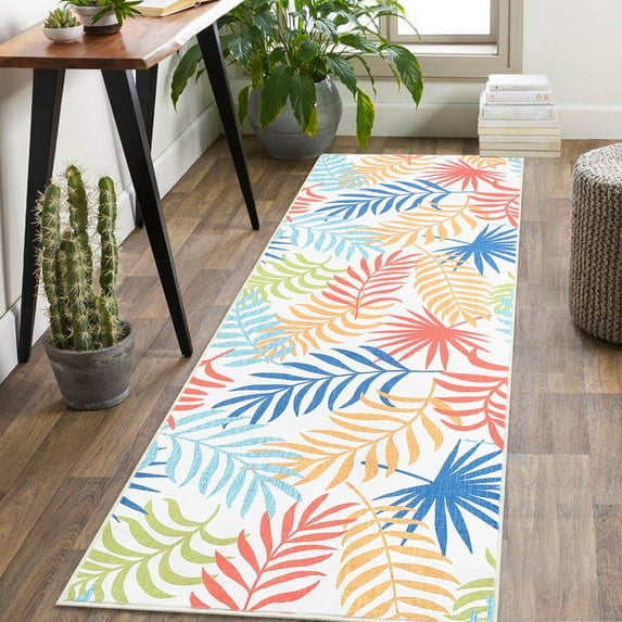 Haperlare Contemporary Botanical Runner Rugs for Hallway Washable Non Slip Leaf Rug Laundry Runner Rugs for Entryway,Colorful,2'x6'