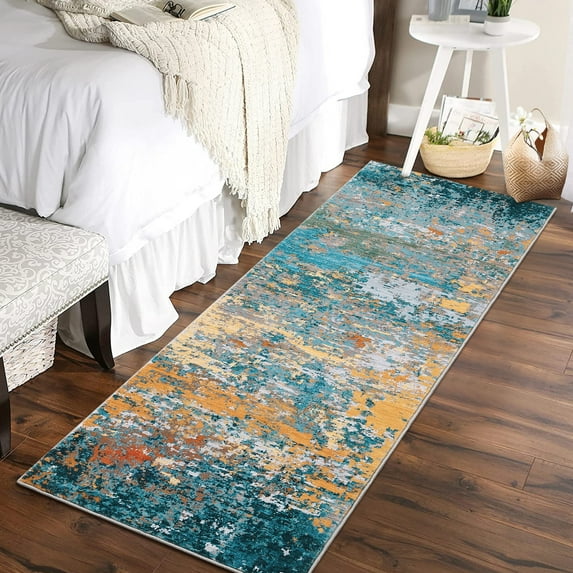 Haperlare Contemporary Hallway Runner Rugs Washable Low Pile Abstract Runner Rugs for Entryway Laundry Throw Rugs Glod Blue Oil Painting Runner Rug,2'x6'