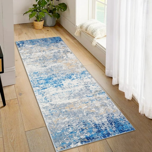 Haperlare Contemporary Hallway Runner Rugs Washable Low Pile Abstract Runner Rugs for Entryway Laundry Throw Rugs Grey Blue Oil Painting Runner Rug,2'x6'