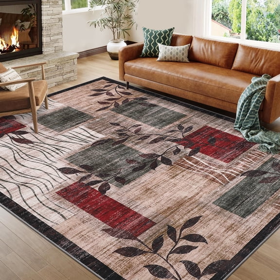 Haperlare Contemporary Washable Area Rugs for Living Room Abstract Leaf Low Pile Bathroom Rugs Brown Soft Rugs 8'x10' Carpet