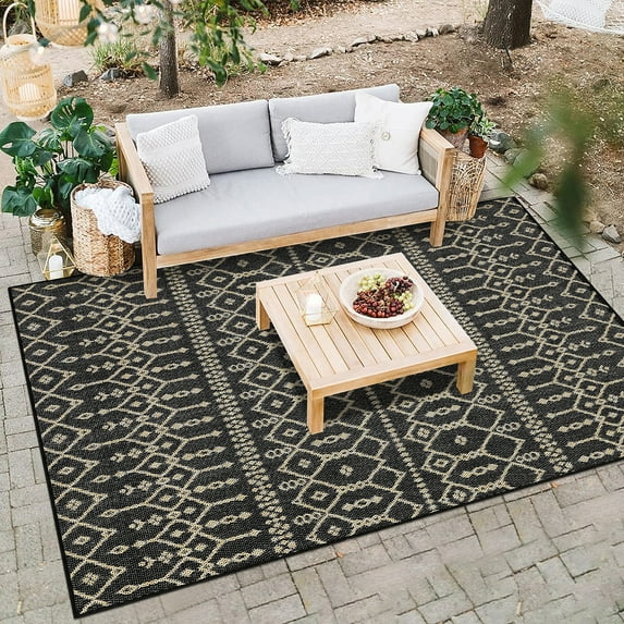 Haperlare Easy Cleaning Boho Area Rug 7'10" x 10'2" Textured Weave Indoor/Outdoor Black Rug for Porch