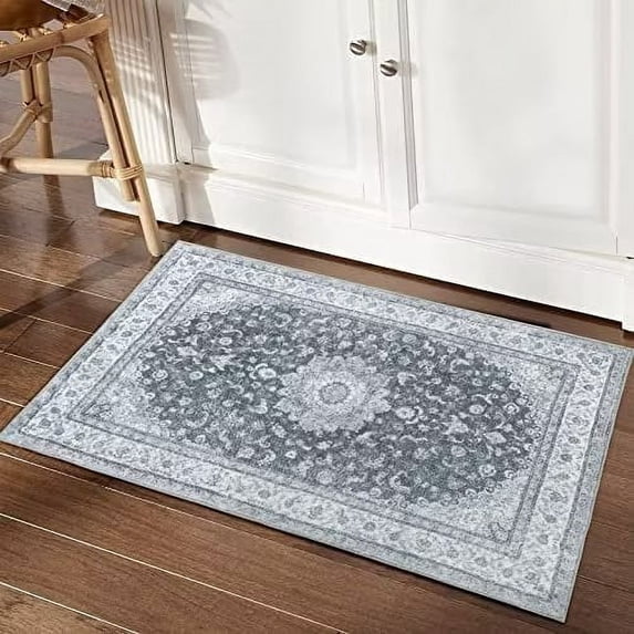 Haperlare Entryway 2' x 3' Small Area Rug Waterproof Non-Shedding Medallion Area Rug Low-Pile Distressed Carpet for Hallway Dining Room, Gray