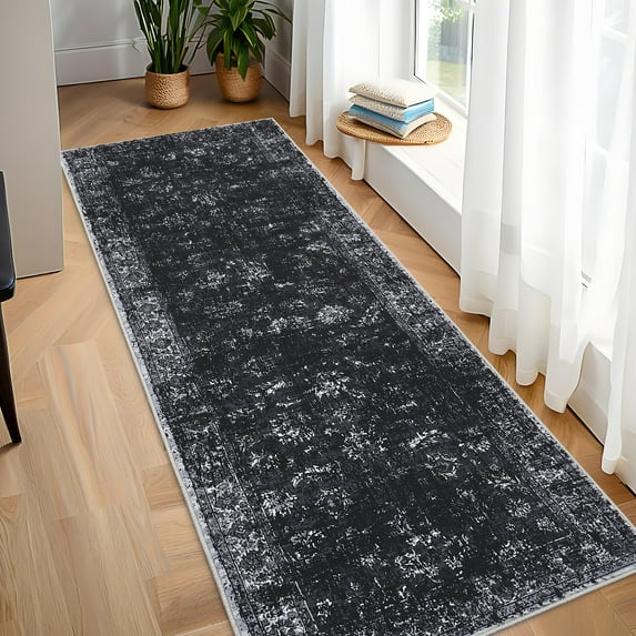 Haperlare Entryway Rugs 2'x6' Bohemian Runner Rugs for Hallway Washable Low Pile Rug for Laundry Kitchen Black Bedroom Non Slip Rug