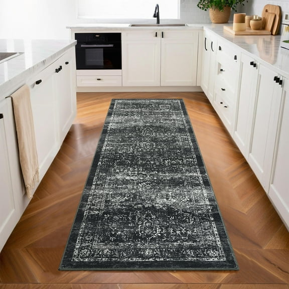 Haperlare Entryway Rugs 2'x6' Vintage Runner Rugs for Hallway Washable Low Pile Rug for Laundry Kitchen Black Bedroom Non Slip Rug