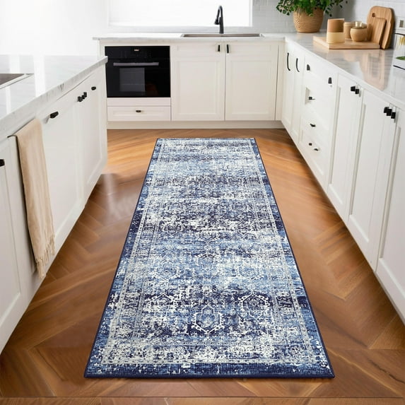 Haperlare Entryway Rugs 2'x6' Vintage Runner Rugs for Hallway Washable Low Pile Rug for Laundry Kitchen Blue Bedroom Non Slip Rug