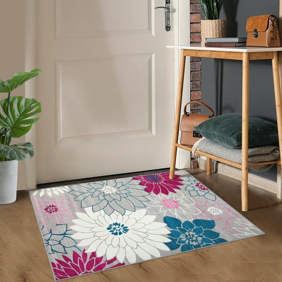 Haperlare Floral Area Rug Washable Modern Accent Distressed Throw Rugs Non Slip Non Shedding Indoor Carpet Low Pile Rug, 2' x 3' Pale Gray