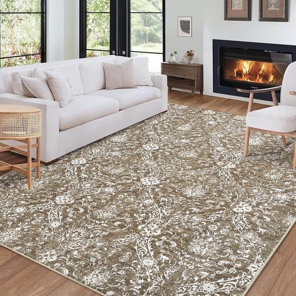 Haperlare Floral Area Rugs for Dining Room Washable Low Pile Vintage Rugs for Bathroom Stain-Resistant Light Brown Soft Indoor Floor Carpet 5'x7'