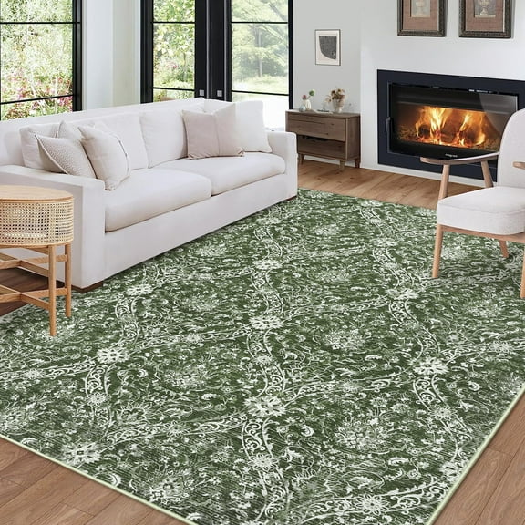 Haperlare Floral Area Rugs for Living Room 10'x13' Washable Rugs for Bedroom Large Non Shedding Home Office Forest Green Carpet