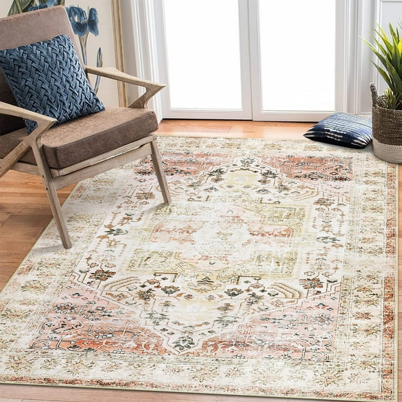 Haperlare Floral Vintage Area Rugs Oriental Washable Low Pile Rugs for Bedroom Bathroom Pink Bohemian Area Rugs,6'x9'
