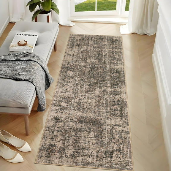 Haperlare Floral Washable Runner Rugs for Hallway Vintage Distressed Low Pile Soft Entryway Runner Rugs for Laundry Brown Bohemian Throw Rugs,2'x6'